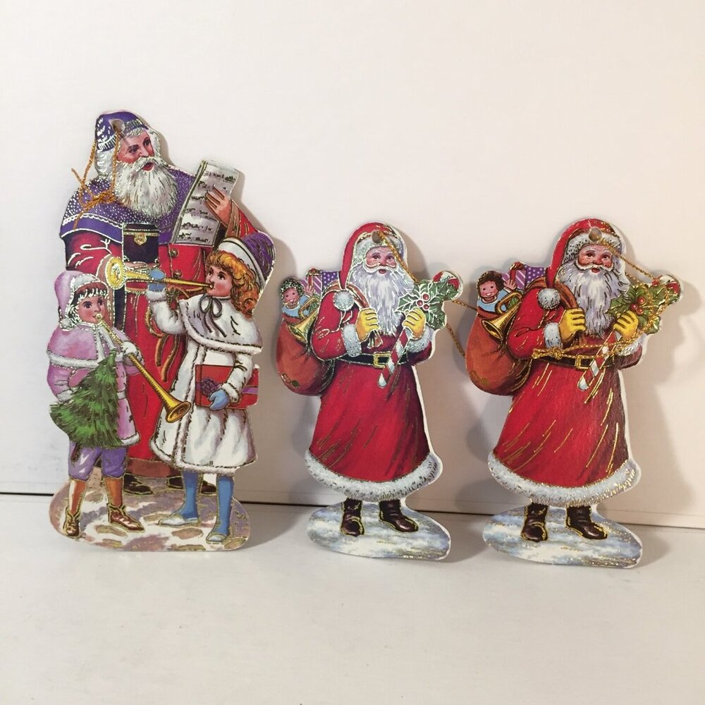 3 Victorian Style St. Nick Santa Paper Ornaments With Gold Colour Detail 1970s